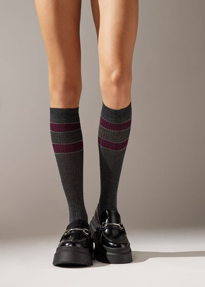 Stripe-Patterned Ribbed Long Socks