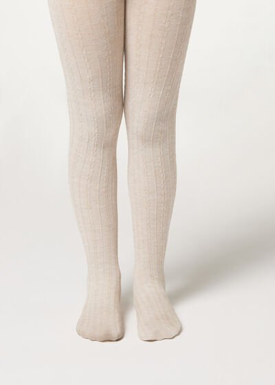 Girls' Cashmere Tights with Cable Pattern