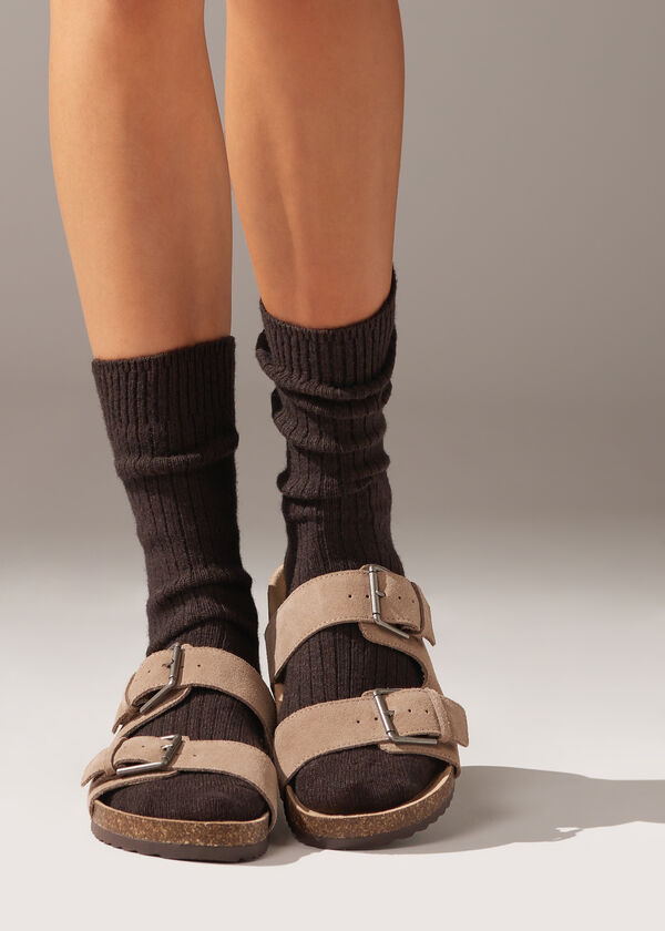 Korte geribbelde sokken met wol en kasjmier