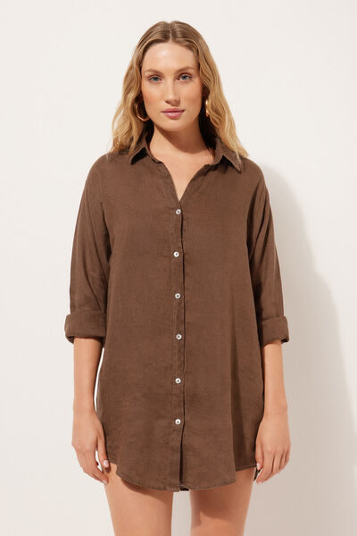 Calzedonia Vestido camisero de playa en lino Mujer Marrón Tamaño L