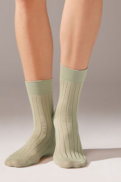 Calzedonia Chaussettes courtes côtelées ajourées Femme Vert Taille TAILLE UNIQUE