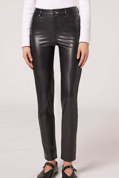 Thermal leather-effect pants Woman Black Size L - Calzedonia - Modalova
