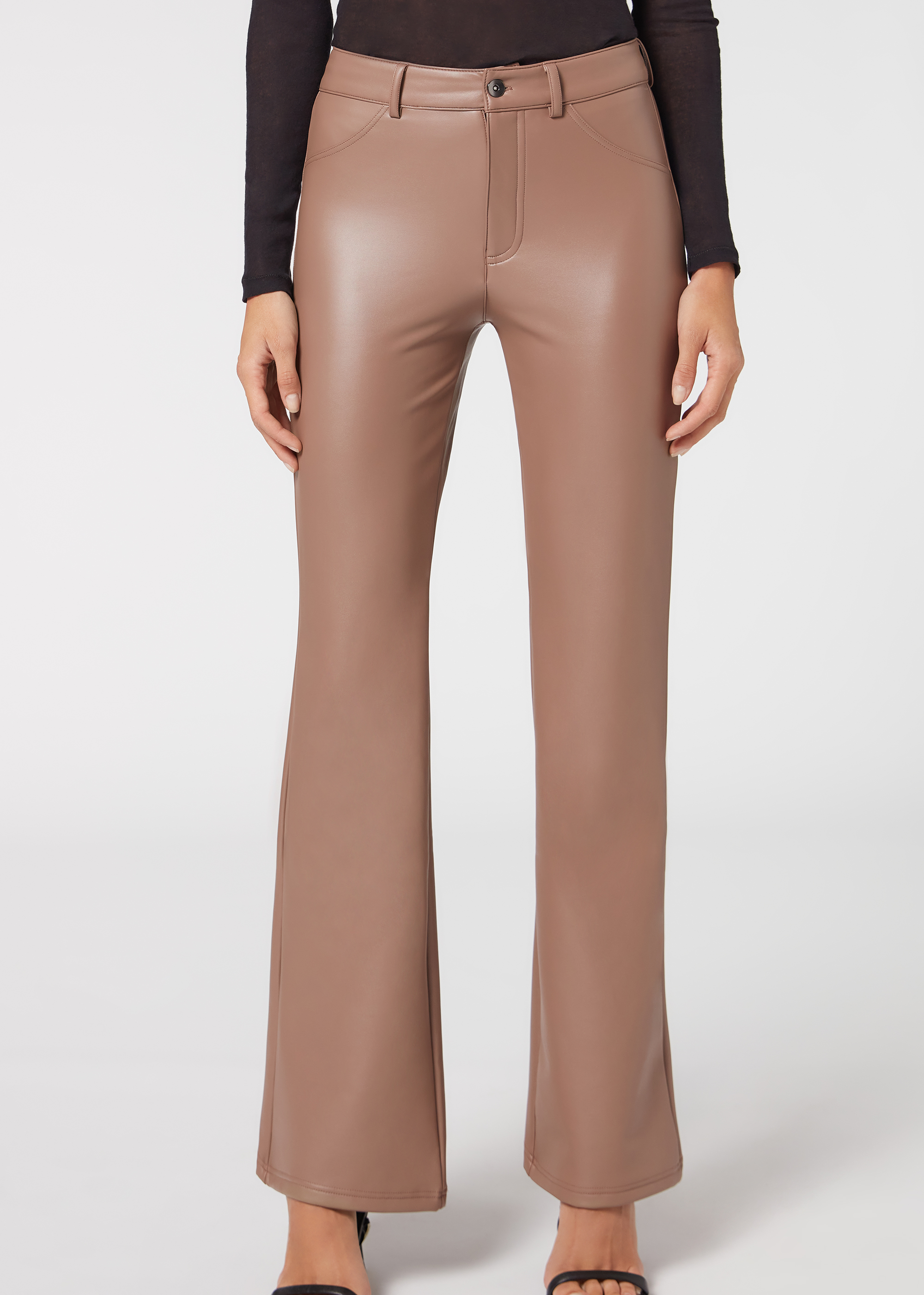 Express  Super High Waisted Faux Leather Flare Trouser Pant in