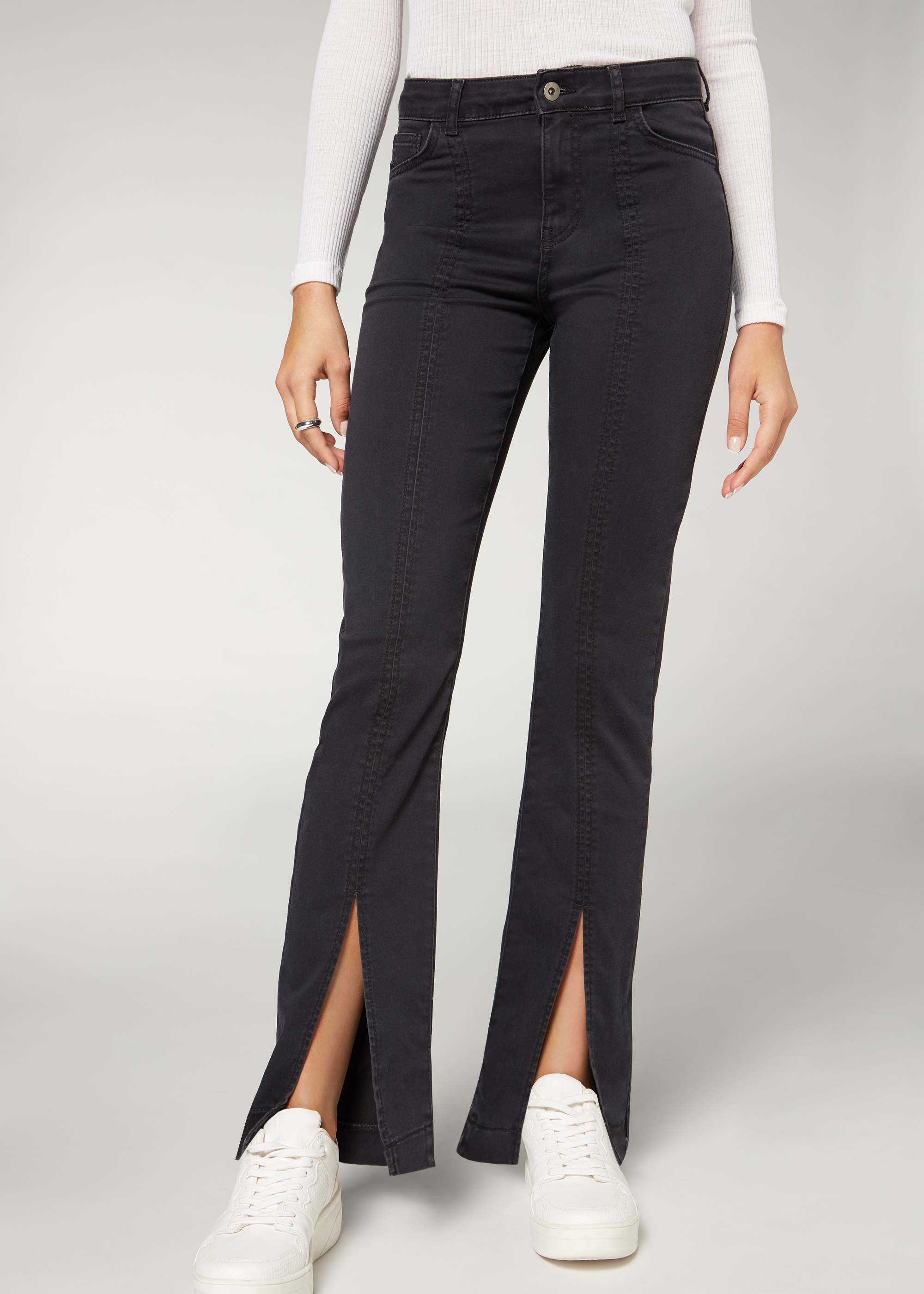 Women Grey Side Chain Slit Jeans