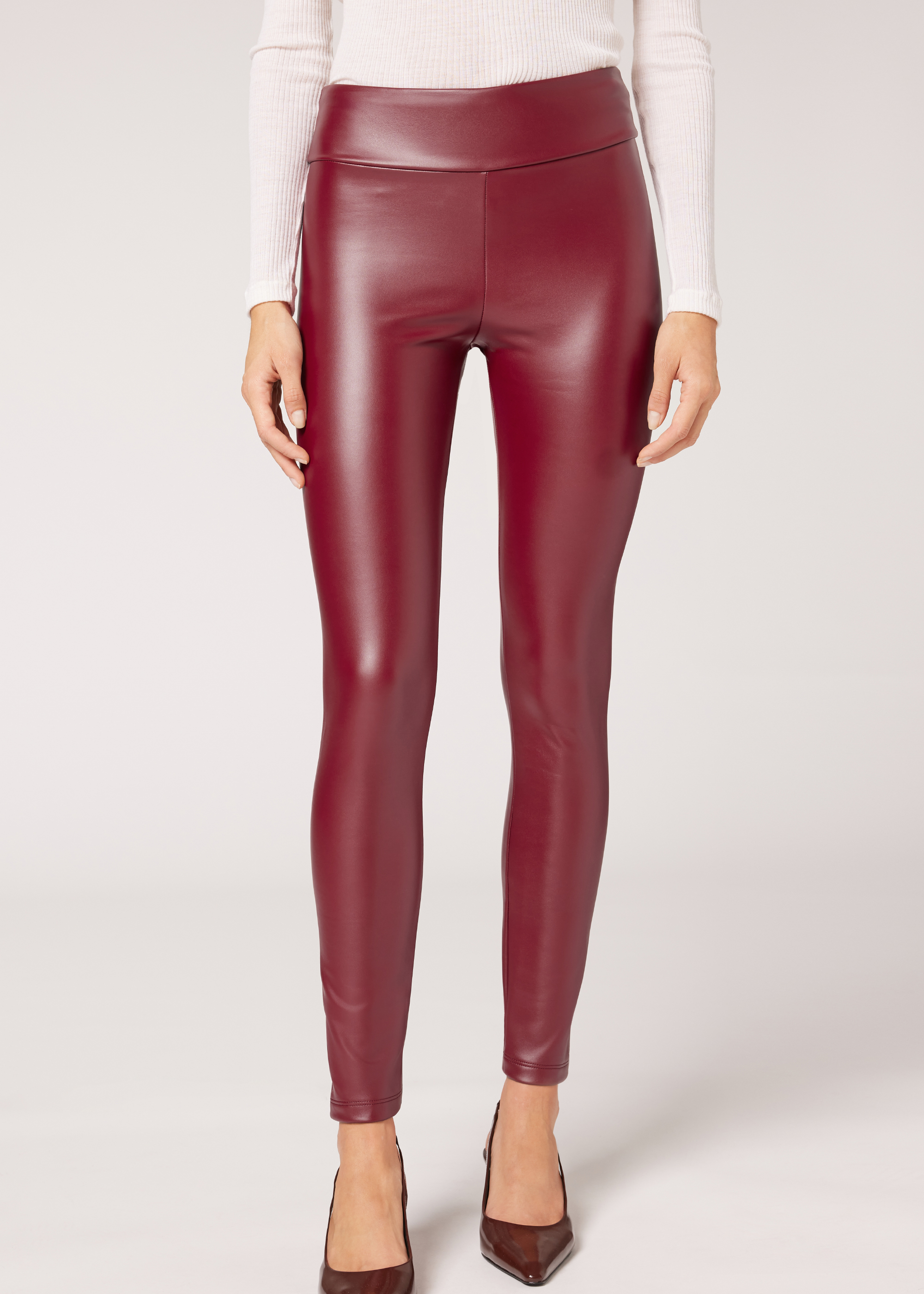 CALZEDONIA women's mid-waist slim leather pants tight and